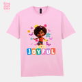 White "I Am Joyful" T-shirt by My Store featuring colorful printed text on the front.