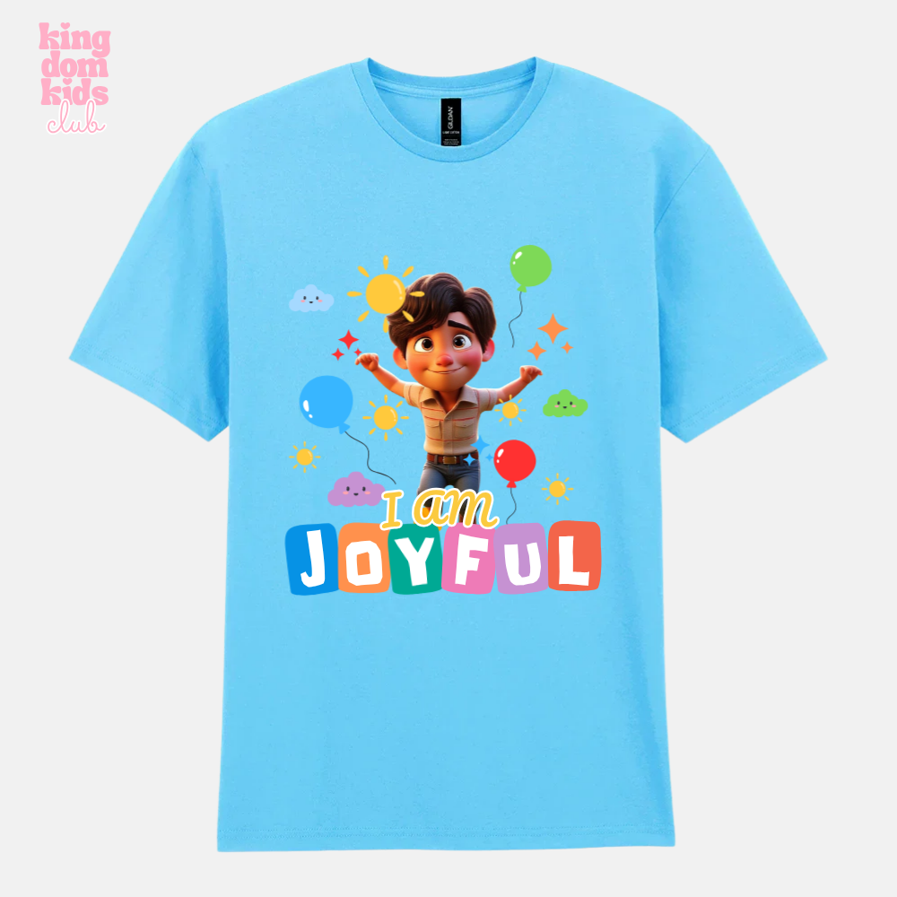 White I Am Joyful Tee by My Store featuring bold black text on soft cotton fabric.
