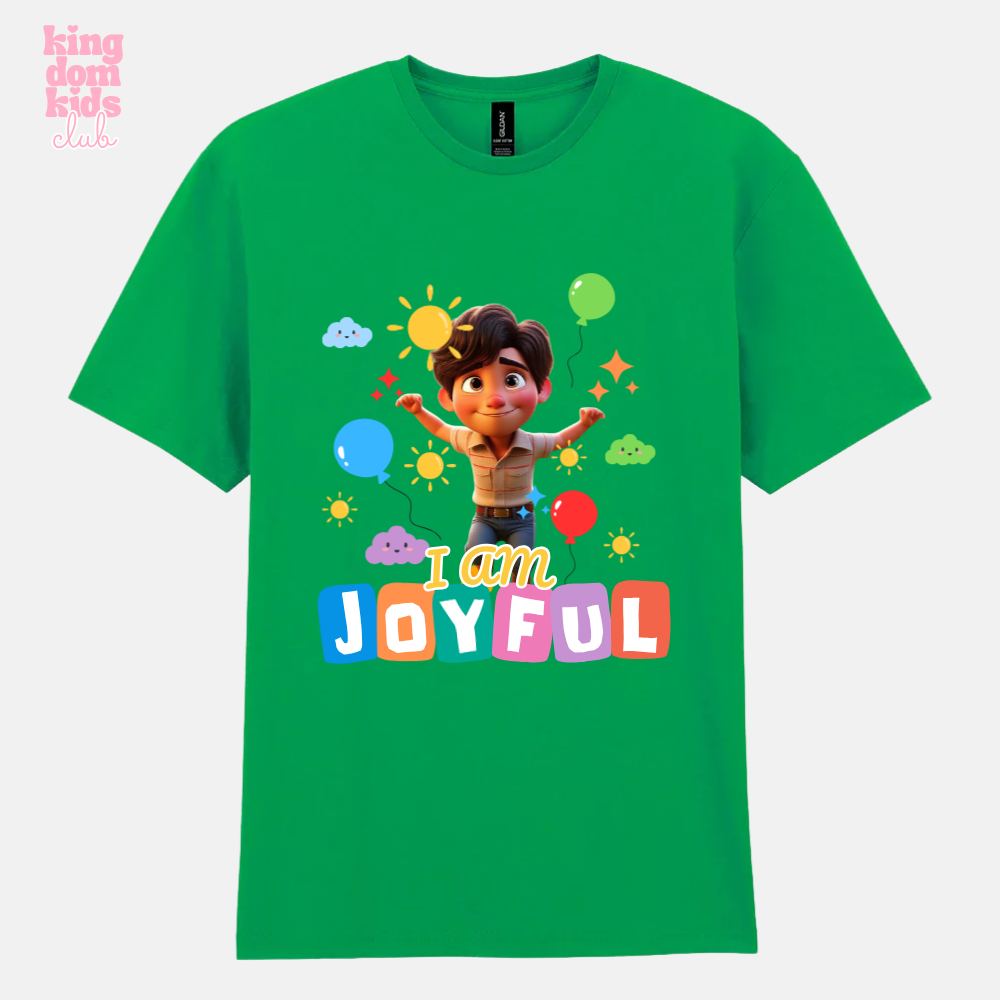 Blue "I Am Joyful" T-shirt by My Store featuring a relaxed fit and cheerful slogan on soft cotton fabric.