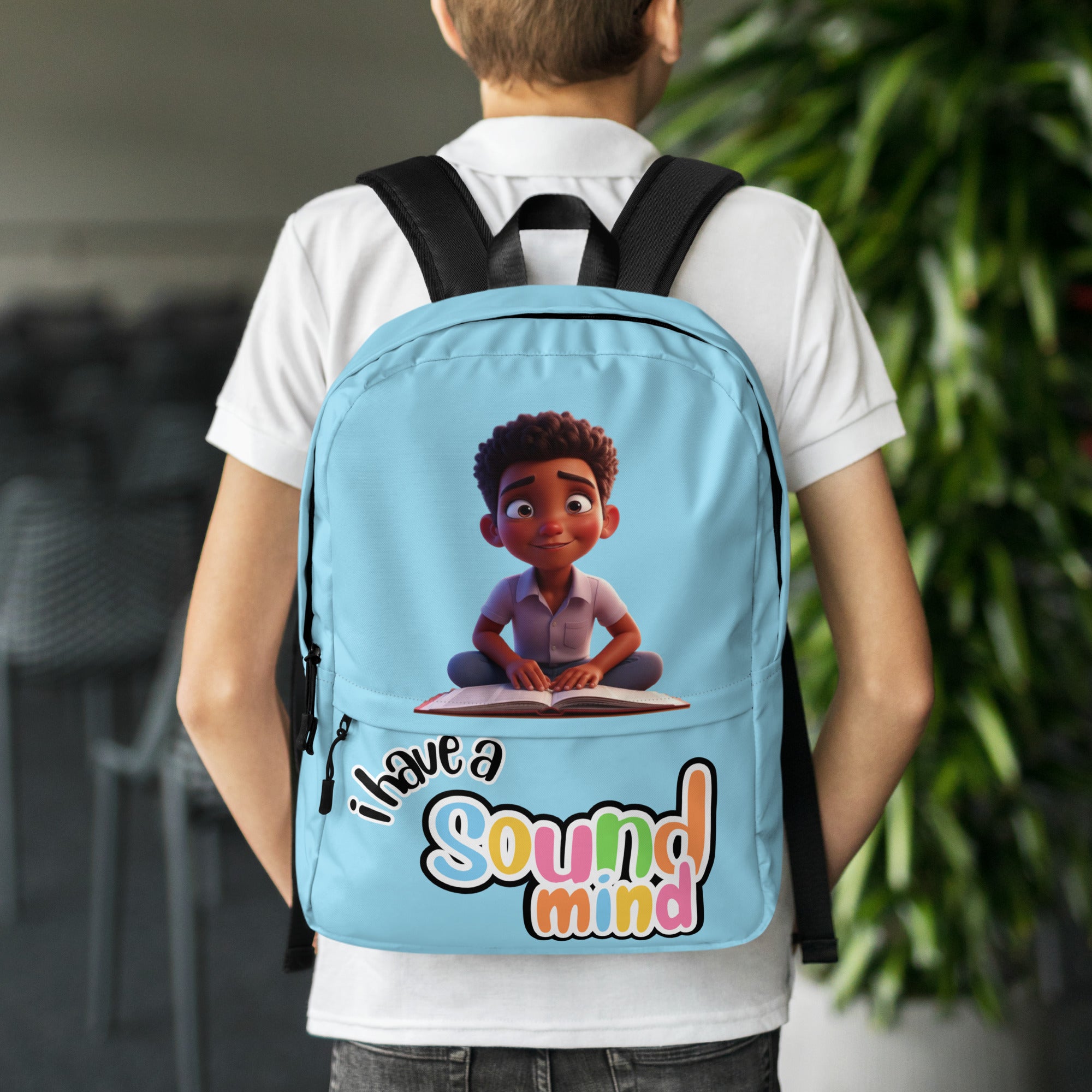Blue backpack with all-over print featuring the phrase "I Have A Sound Mind" from Kingdom Kids Club, designed for children.