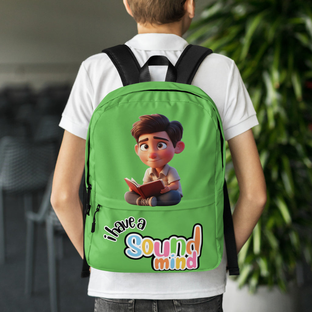 Green backpack with all-over print featuring the "I Have A Sound Mind" design by Kingdom Kids Club.