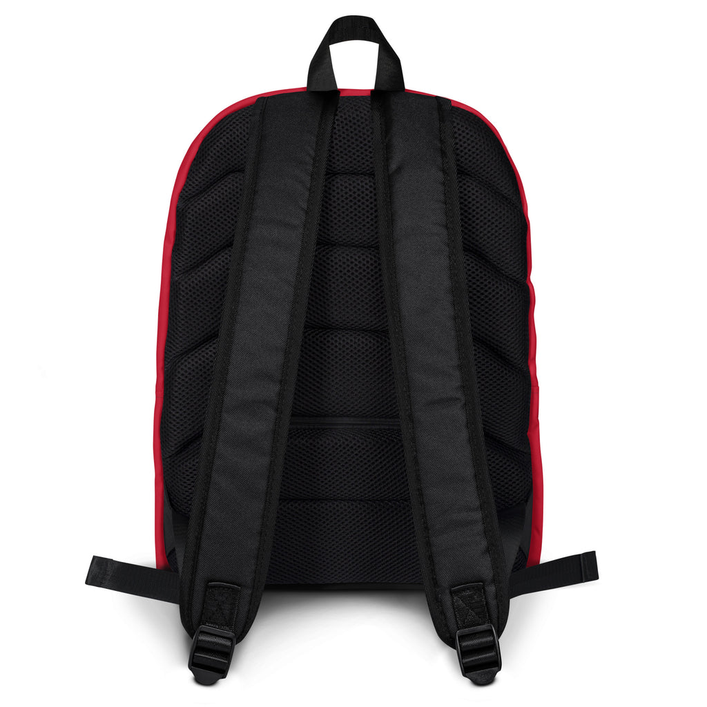 Red Kingdom Kids Club "I Am Joyful" backpack with all-over print, featuring colorful designs on a white background.