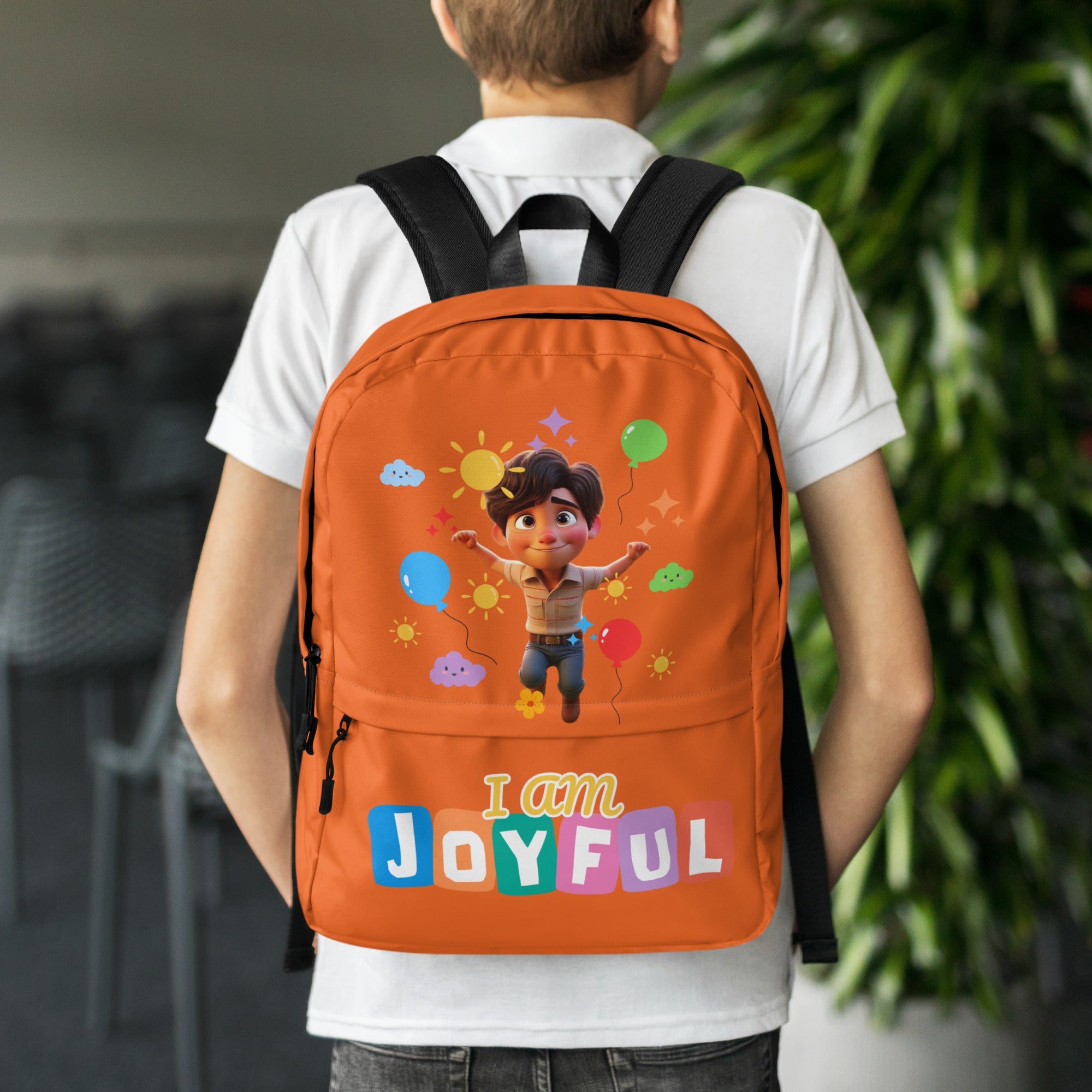All-over-print orange backpack from Kingdom Kids Club featuring cheerful "I Am Joyful" design for children.