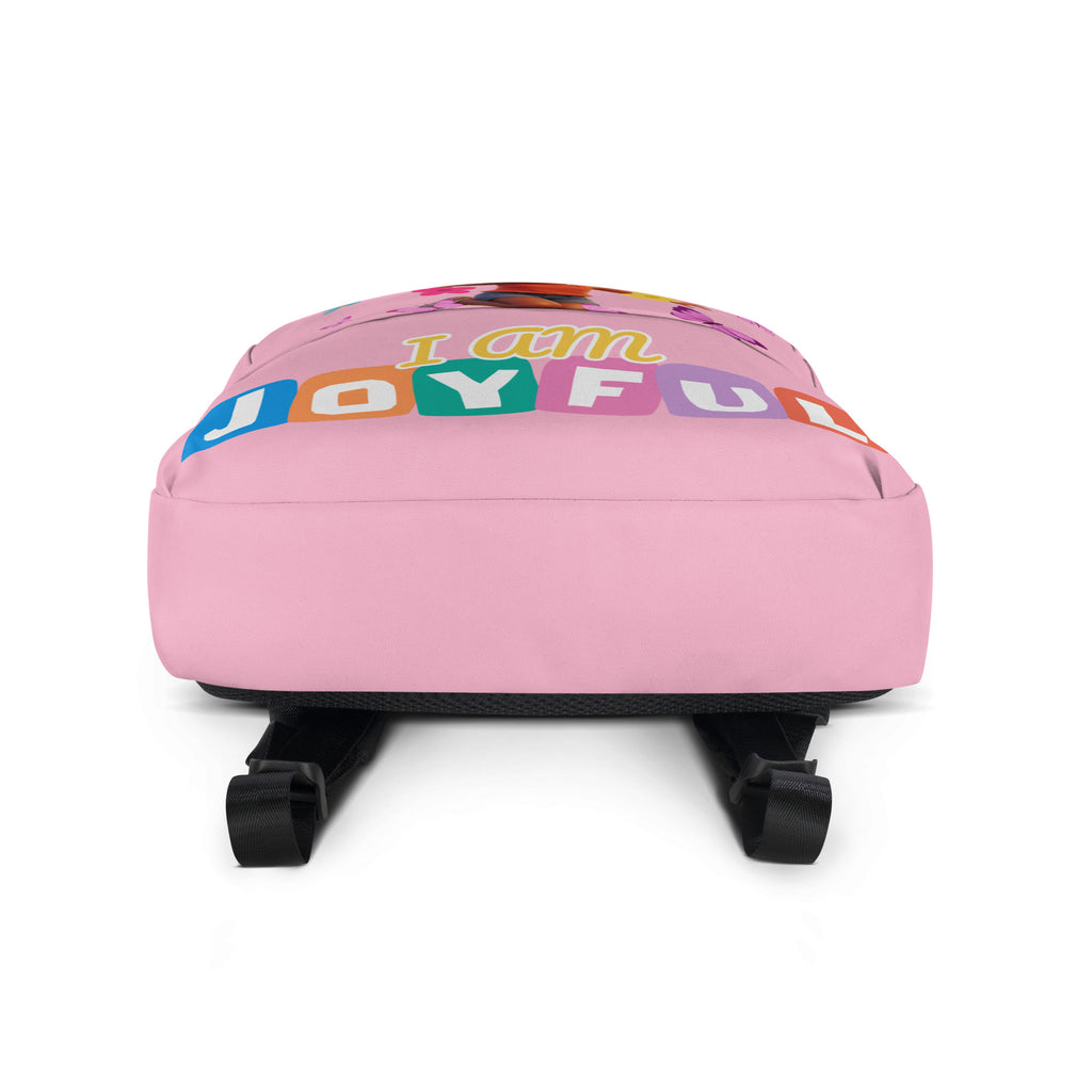 Pink backpack with all-over joyful print and white bottom, designed for kids by Kingdom Kids Club.