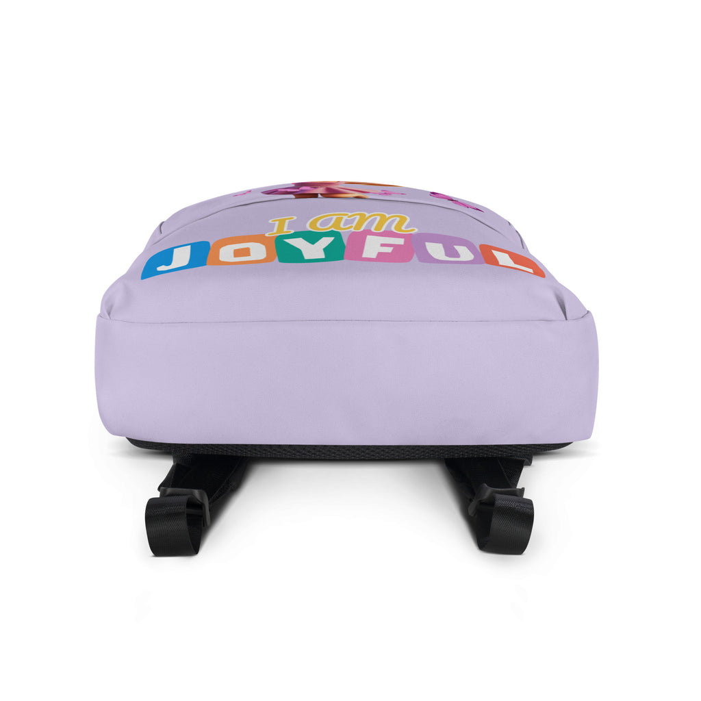 Kingdom Kids Club I Am Joyful purple backpack with all-over print and white bottom, suitable for school and outings.