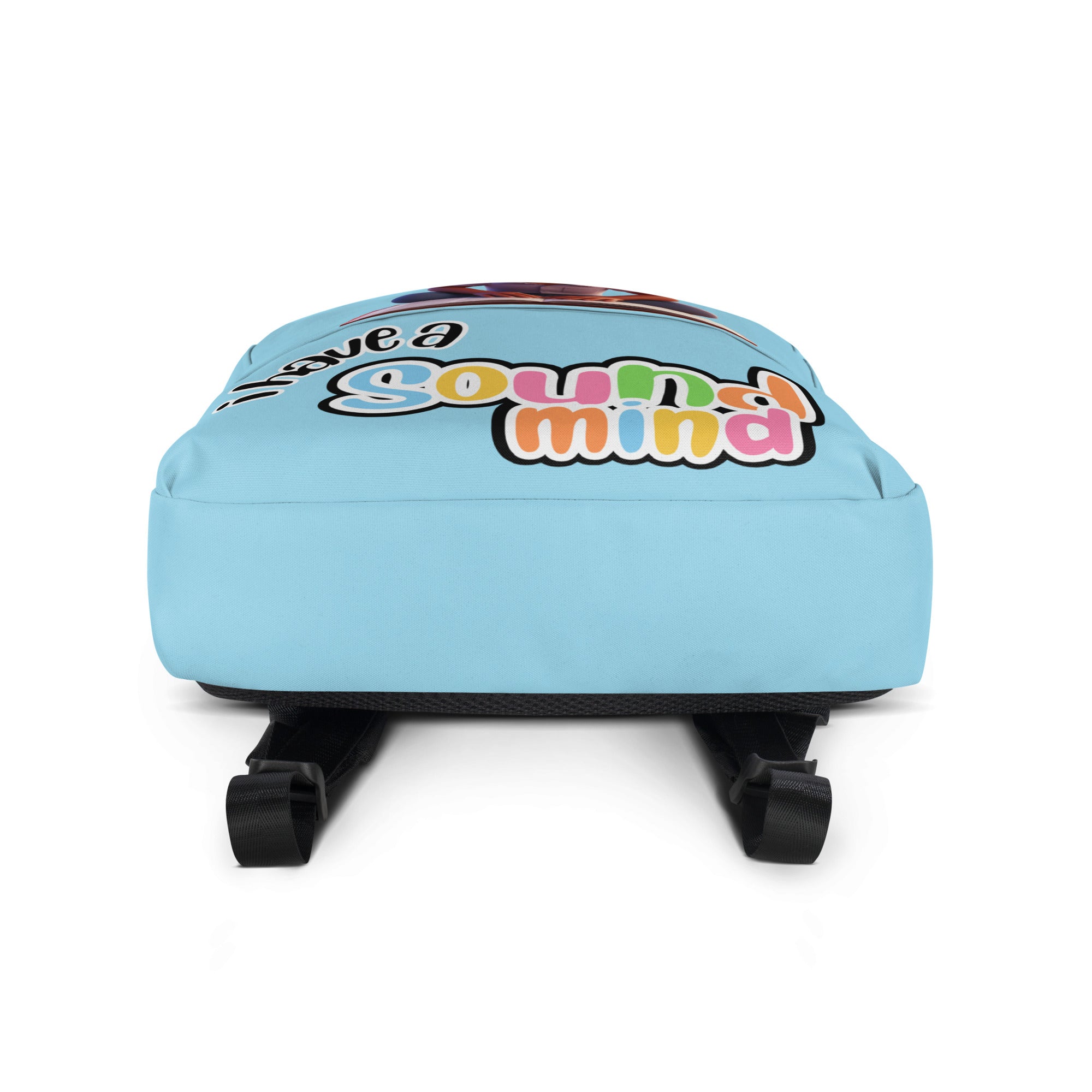 Blue backpack for kids with all-over sound mind print and white bottom, from Kingdom Kids Club, perfect for school or outings.