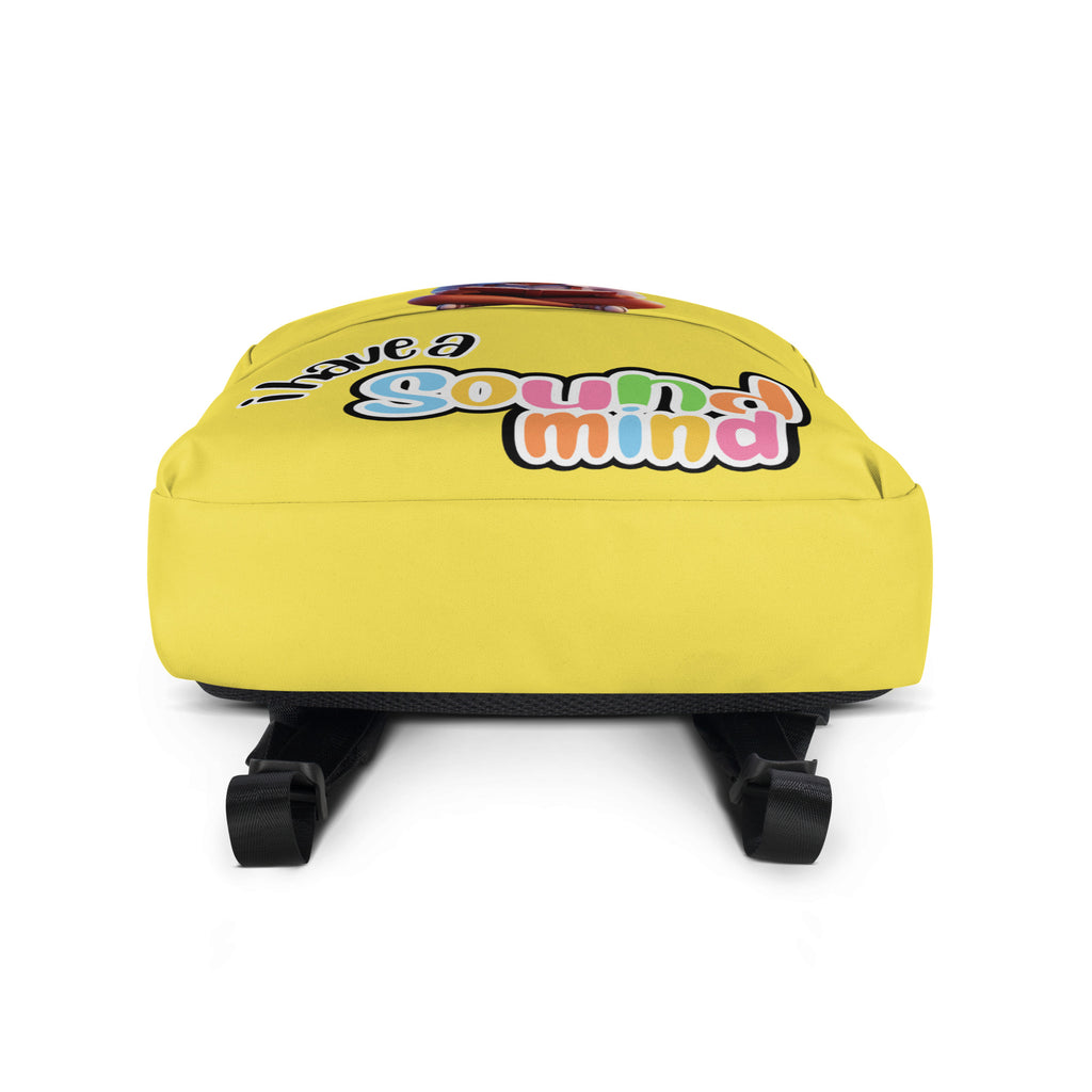 Yellow backpack with all-over print and white bottom, featuring "I Have A Sound Mind" design from Kingdom Kids Club.