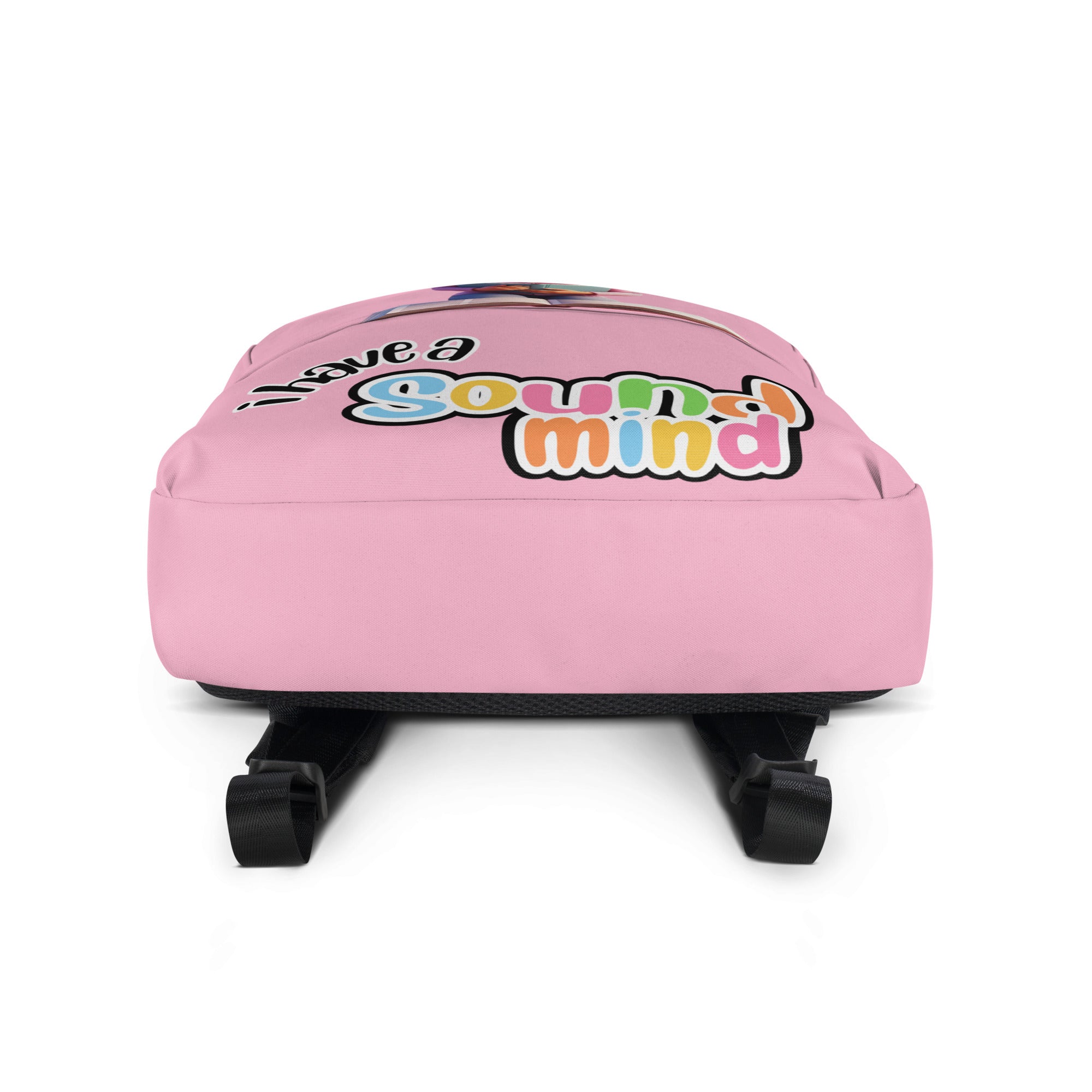 Pink backpack with "I Have A Sound Mind" print by Kingdom Kids Club, featuring an all-over colorful design and white bottom.