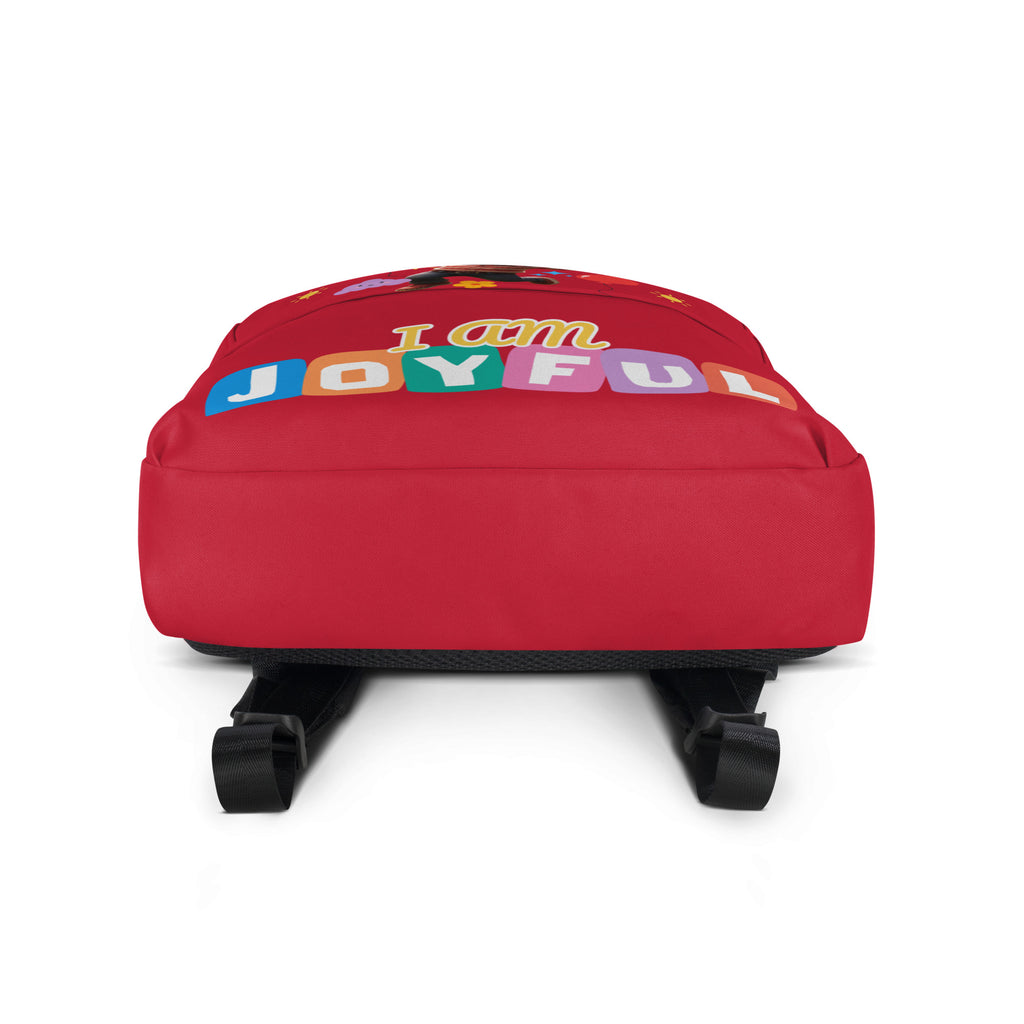 Red backpack with all-over joyful print and white bottom, designed for kids by Kingdom Kids Club.