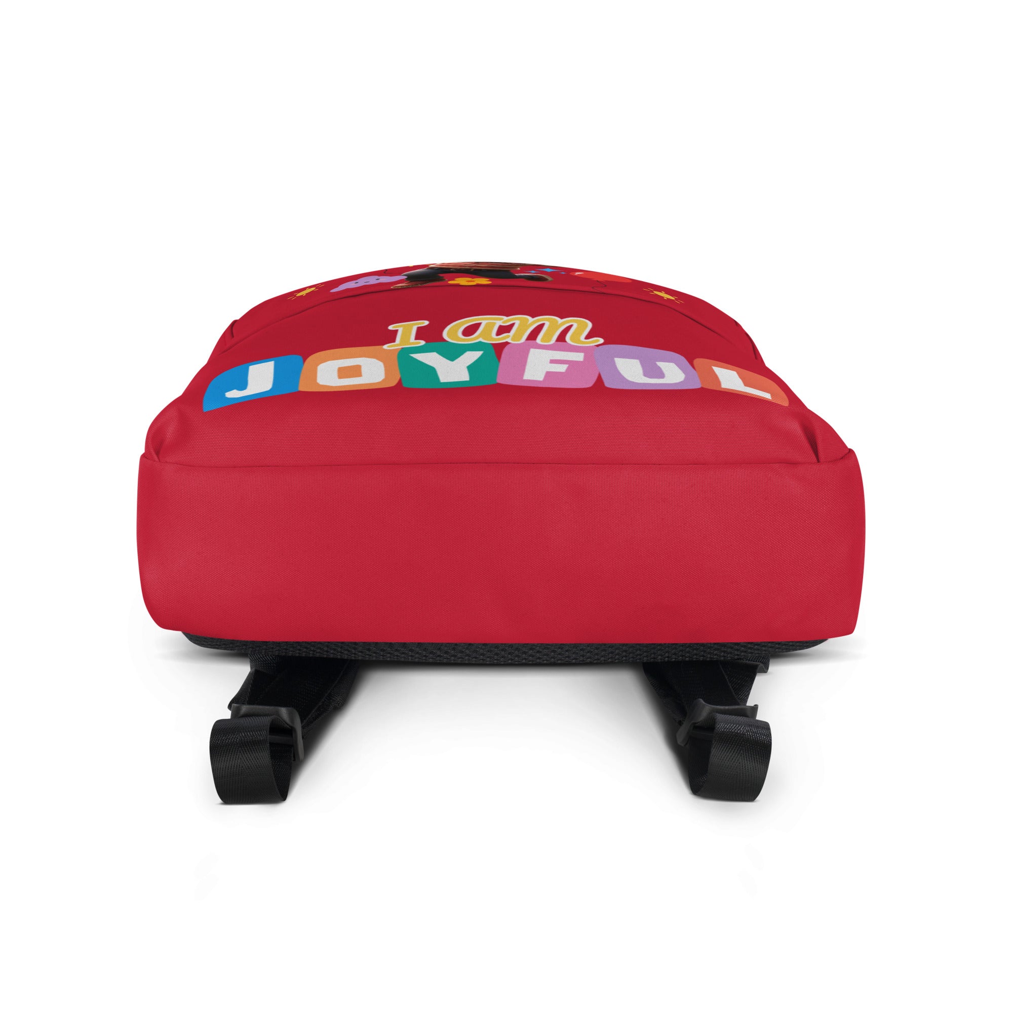 Red backpack with all-over joyful print and white bottom, designed for kids by Kingdom Kids Club.