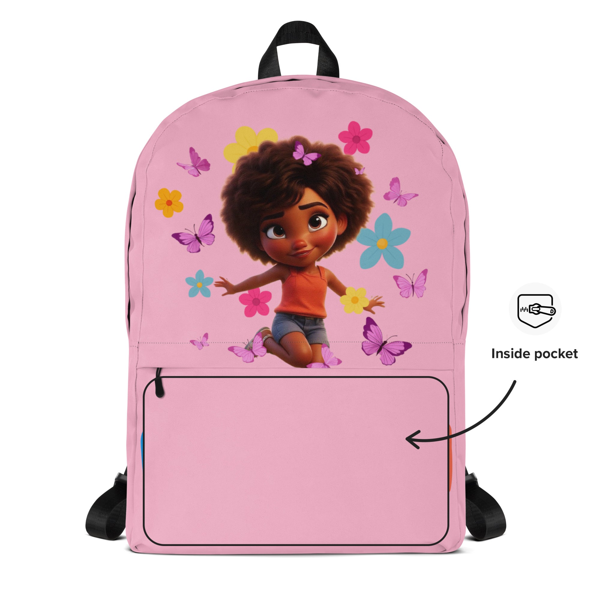 Pink backpack with joyful "I Am Joyful" print from Kingdom Kids Club, featuring adjustable straps and front pocket.