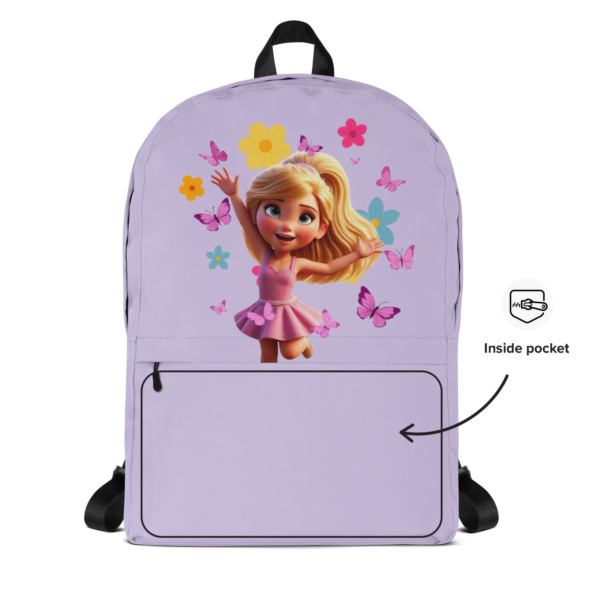 Purple Kingdom Kids Club backpack with joyful all-over print, featuring adjustable straps and a front pocket for kids.