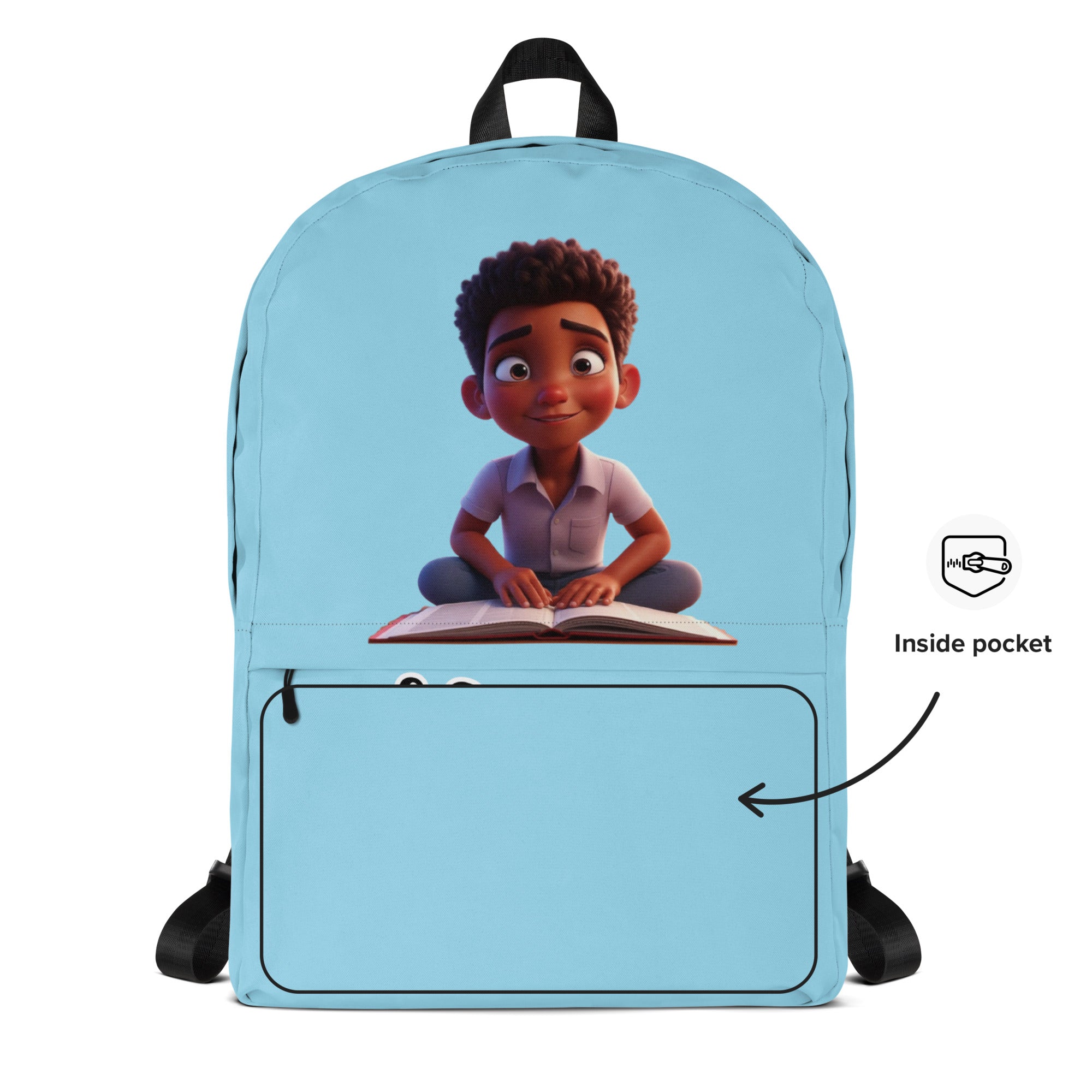 Blue backpack with all-over print featuring "I Have A Sound Mind" design from Kingdom Kids Club, front view.