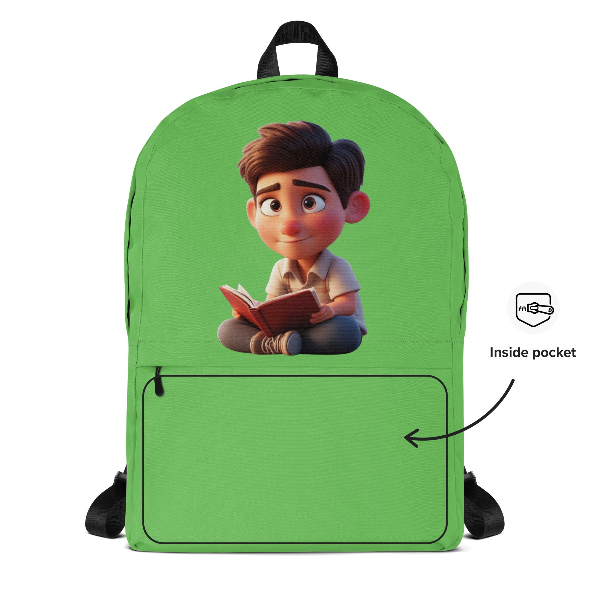 Green Kingdom Kids Club backpack with all-over "I Have A Sound Mind" print, featuring front zip pocket and adjustable straps.