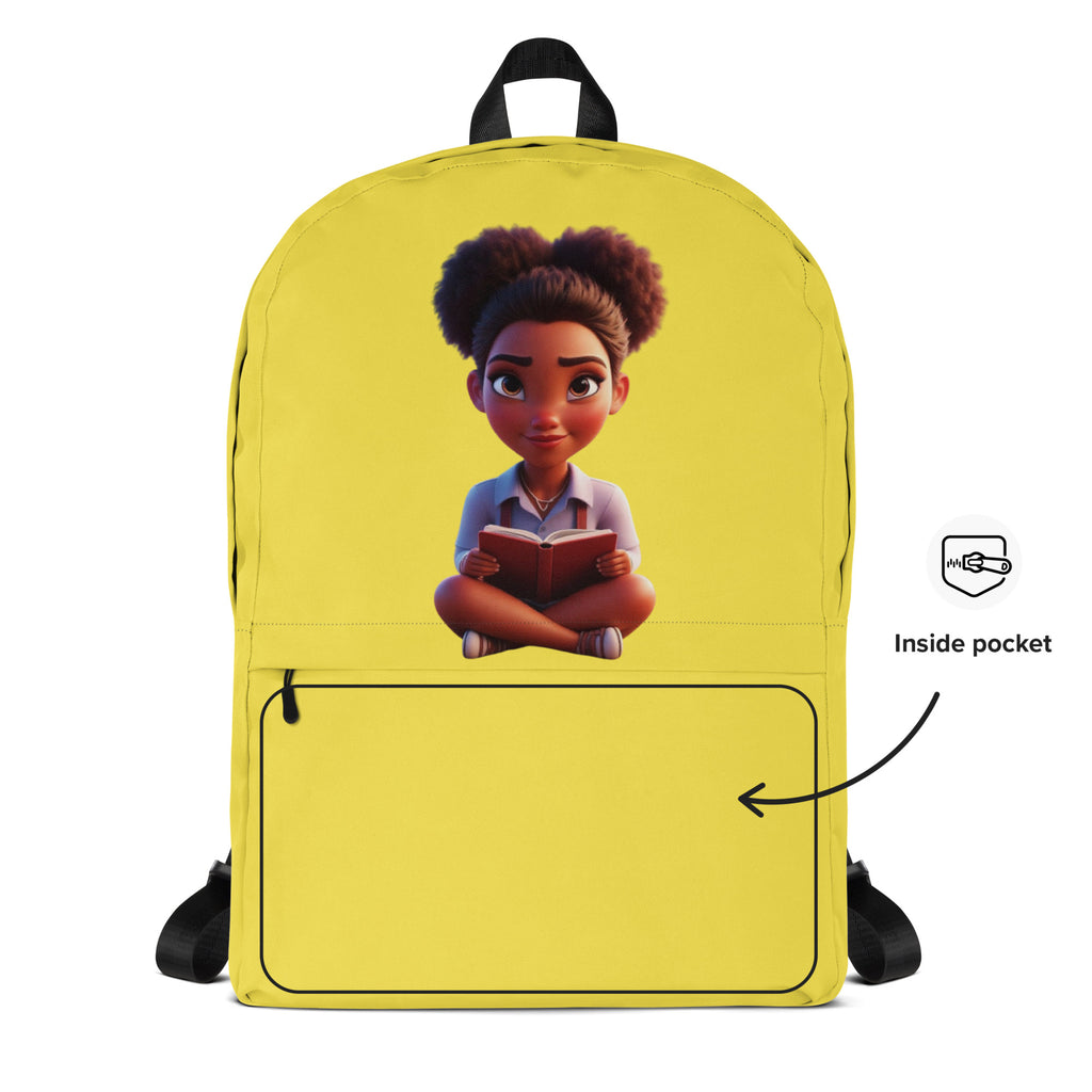 Yellow Kingdom Kids Club backpack with all-over sound mind print, front view showing sturdy straps and vibrant design.