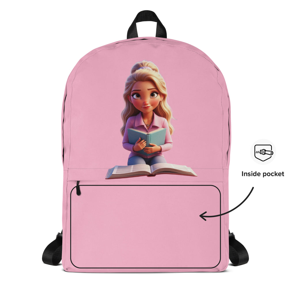 Pink backpack with all-over "I Have A Sound Mind" print from Kingdom Kids Club, front view showing vibrant design and adjustable straps.