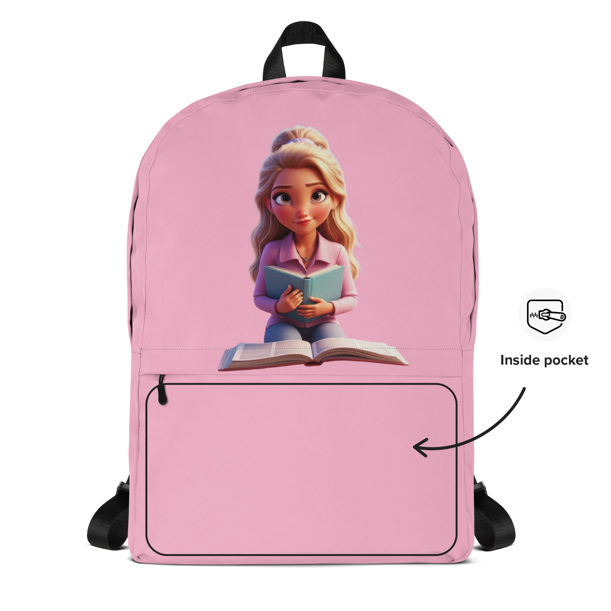 Pink backpack with all-over "I Have A Sound Mind" print from Kingdom Kids Club, front view showing vibrant design and adjustable straps.