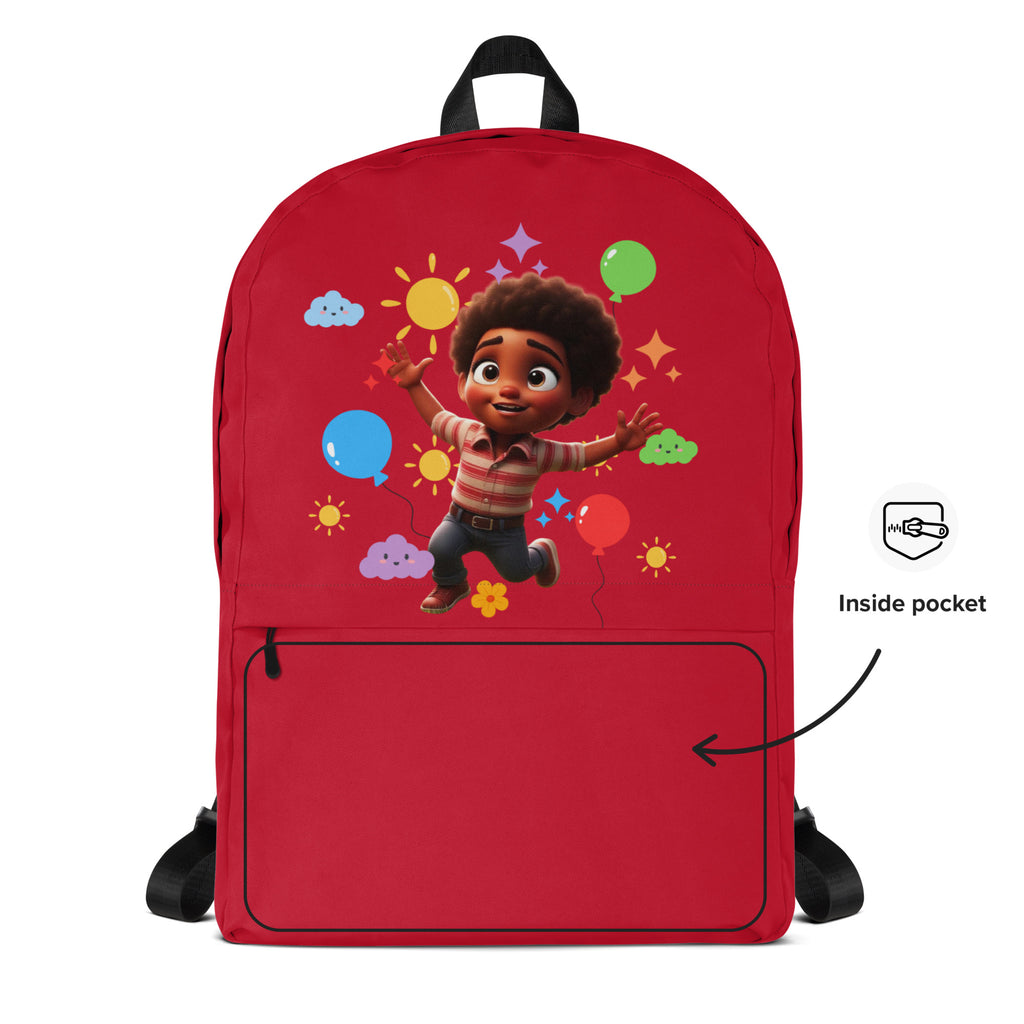 Red backpack for kids with all-over joyful print from Kingdom Kids Club, showing the front view with colorful design.