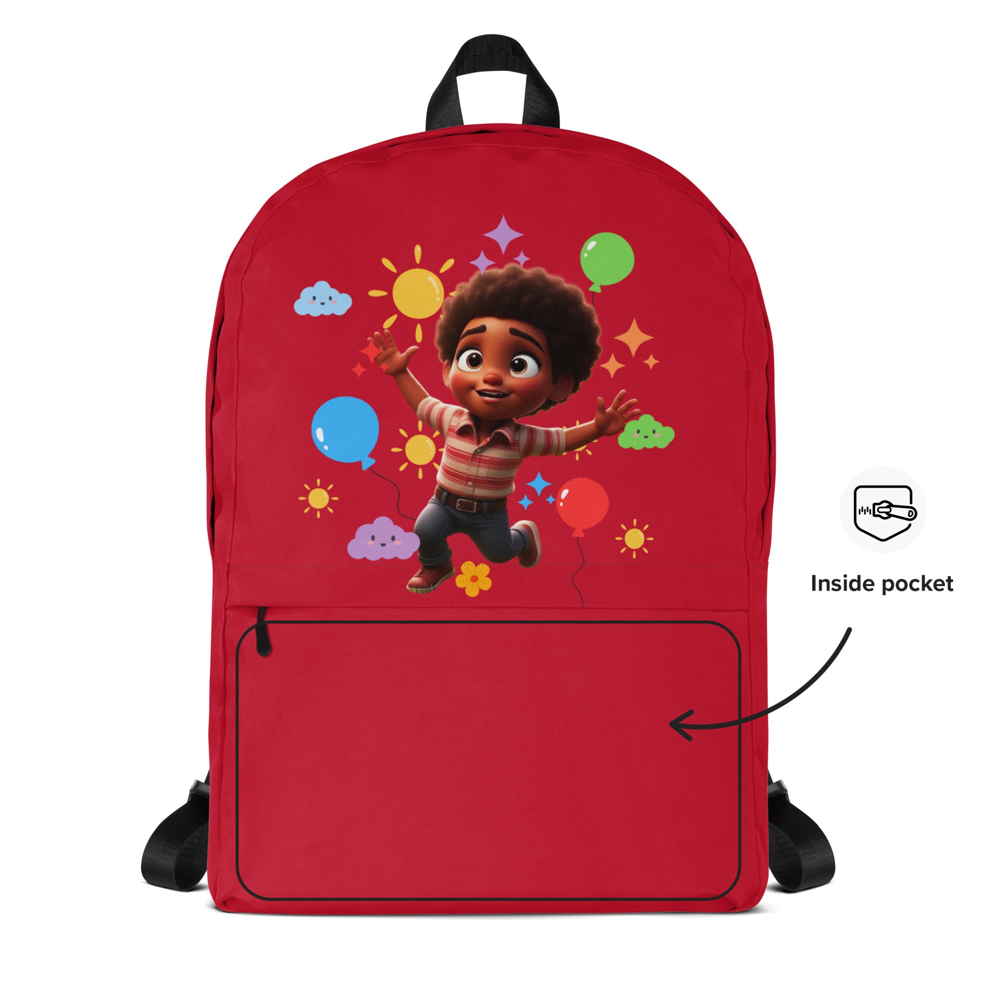 Red backpack for kids with all-over joyful print from Kingdom Kids Club, showing the front view with colorful design.
