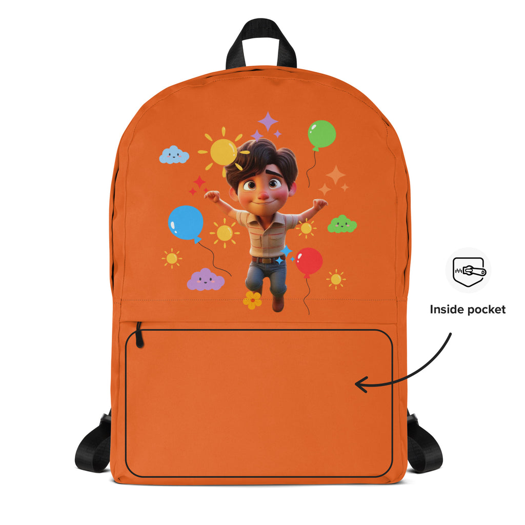 Kingdom Kids Club I Am Joyful Orange backpack with all-over cheerful orange print and white background, front view.