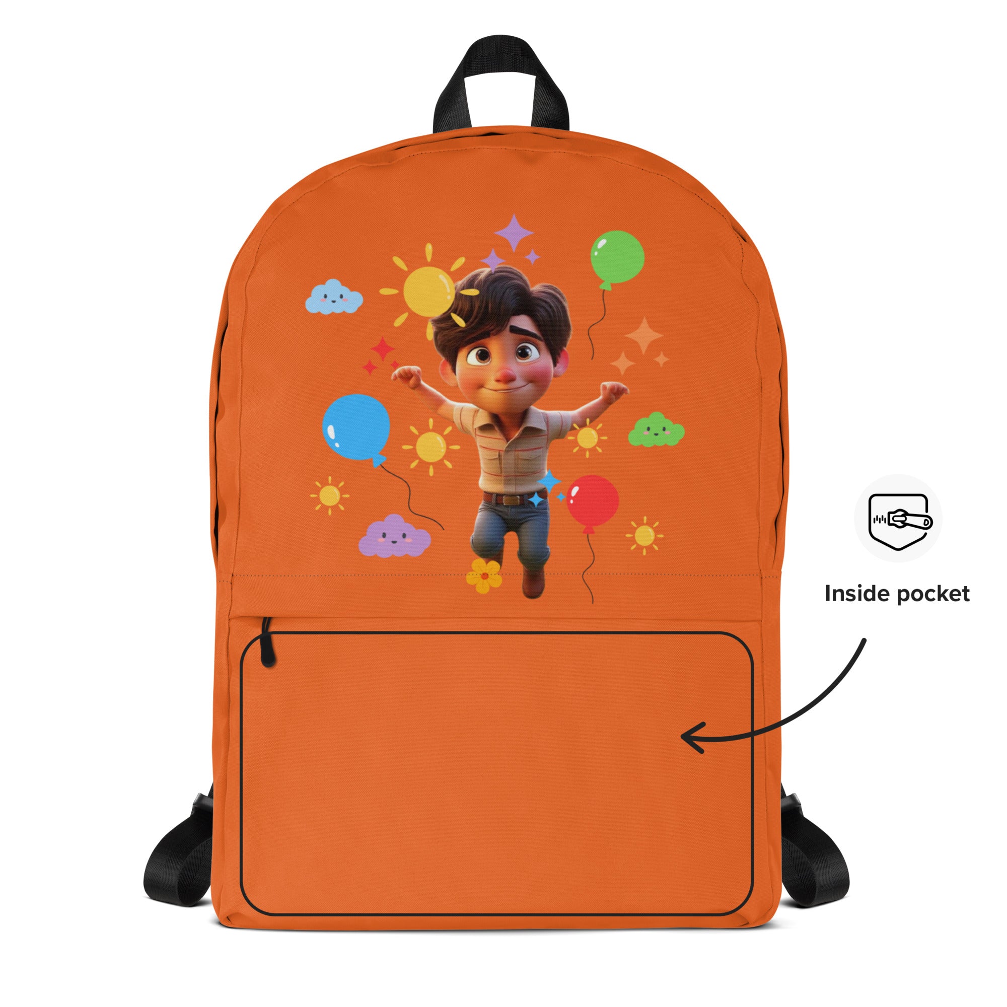 Kingdom Kids Club I Am Joyful Orange backpack with all-over cheerful orange print and white background, front view.