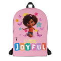Pink backpack with all-over joyful print by Kingdom Kids Club, featuring a front pocket and adjustable straps for kids.
