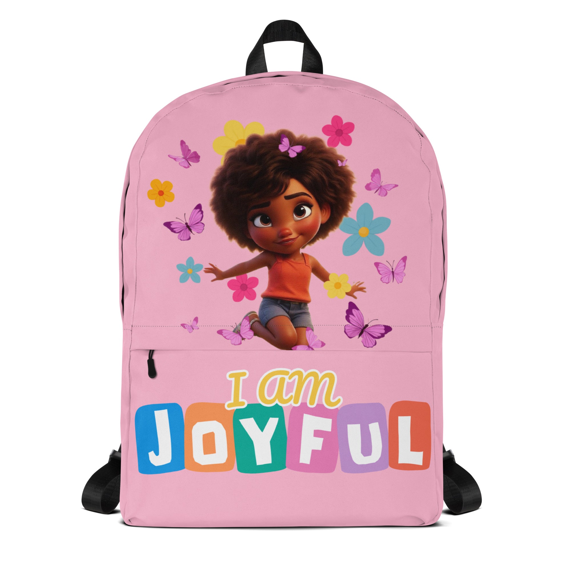 Pink backpack with all-over joyful print by Kingdom Kids Club, featuring a front pocket and adjustable straps for kids.
