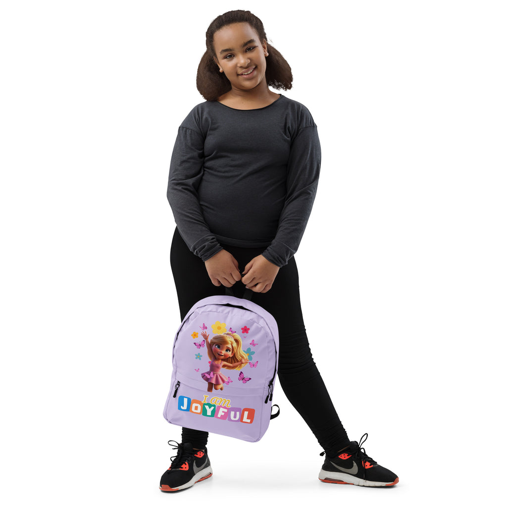 Purple backpack with all-over joyful print, featuring the I Am Joyful design by Kingdom Kids Club, front view.