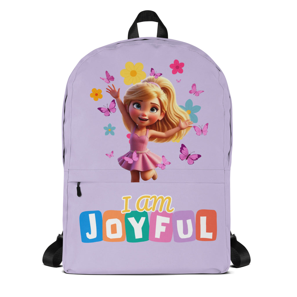 Purple backpack with all-over joyful print by Kingdom Kids Club, showing the front view and vibrant design.