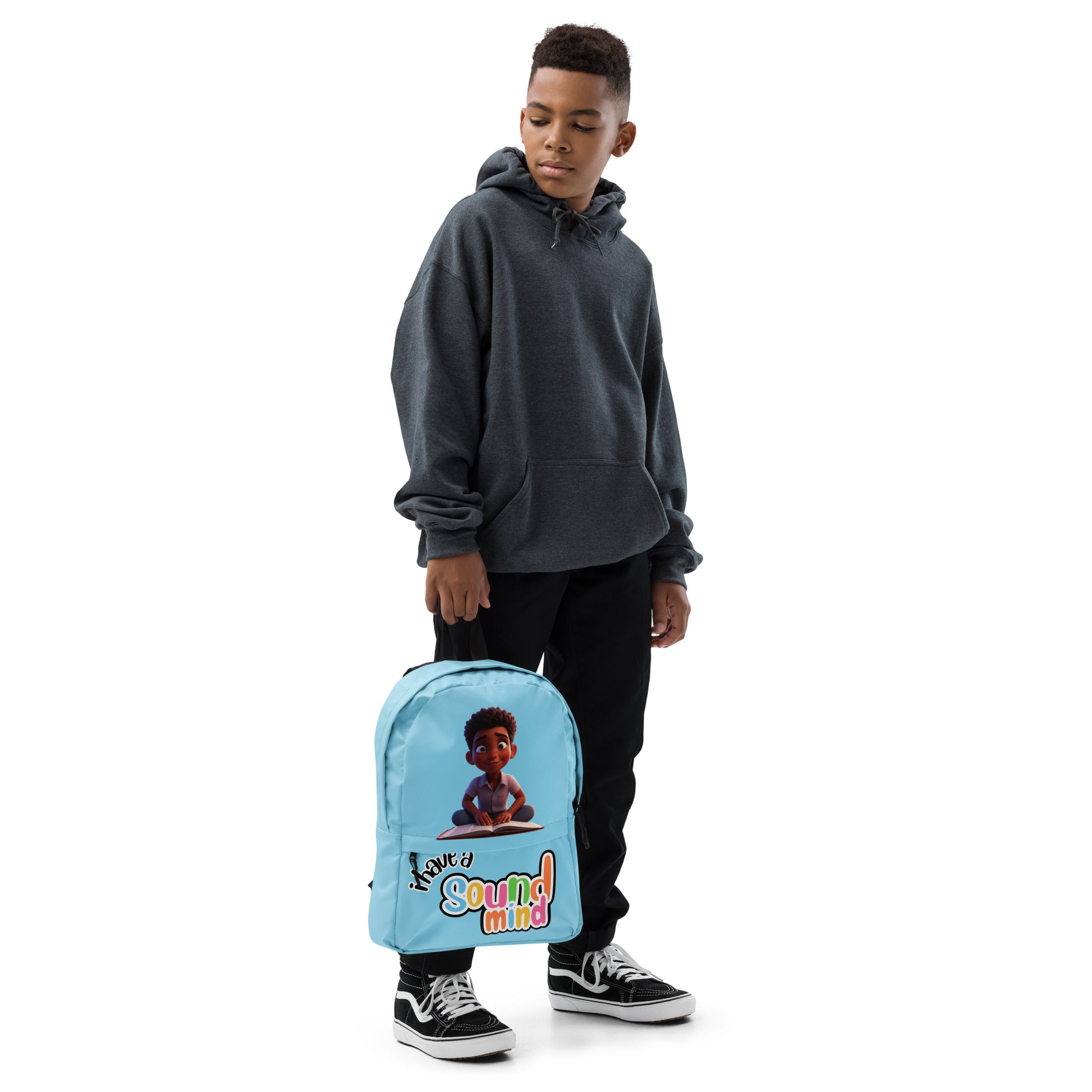 Blue Kingdom Kids Club backpack with all-over "I Have A Sound Mind" print, front view showing colorful design and sturdy straps.