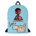 Blue backpack with all-over print featuring the phrase "I Have A Sound Mind" from Kingdom Kids Club, front view.