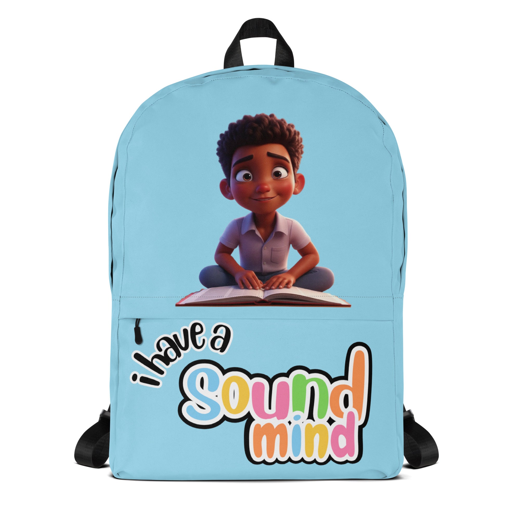 Blue backpack with all-over print featuring the phrase "I Have A Sound Mind" from Kingdom Kids Club, front view.