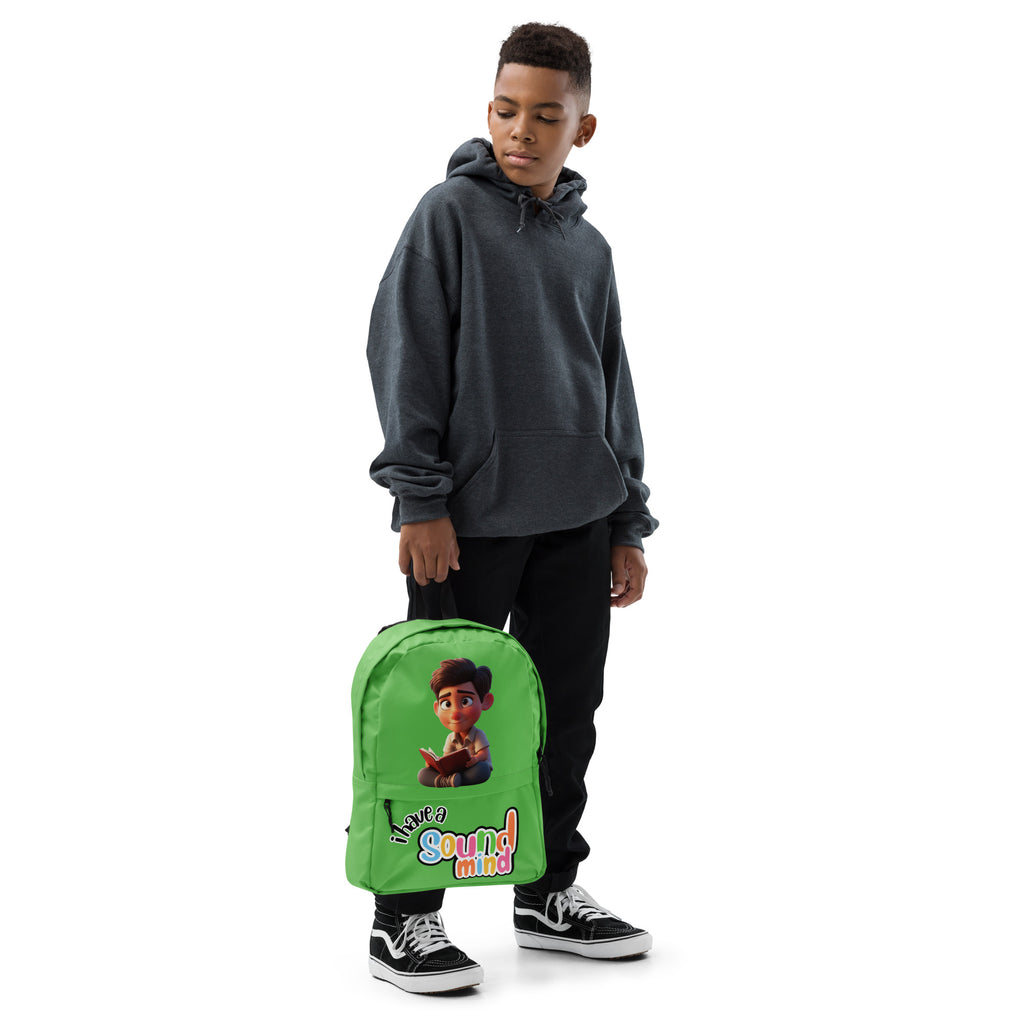 Green backpack with all-over print featuring "I Have A Sound Mind" design from Kingdom Kids Club, front view.