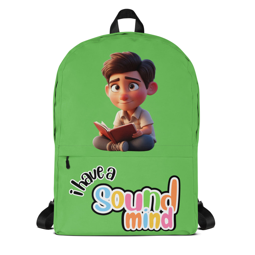 Green backpack with all-over print featuring "I Have A Sound Mind" design by Kingdom Kids Club, front view.