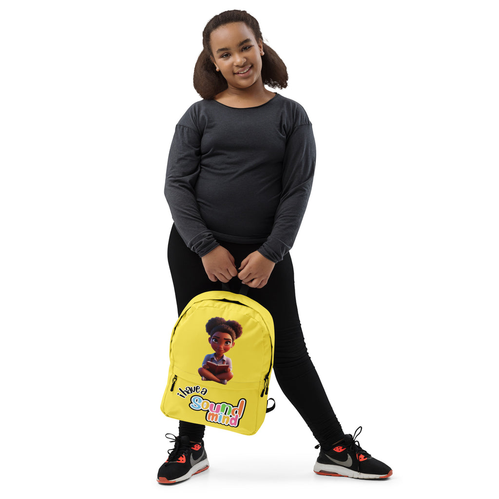 Yellow backpack with all-over print featuring the "I Have A Sound Mind" design by Kingdom Kids Club, front view.