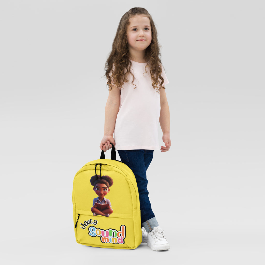 Yellow backpack with all-over print featuring "I Have A Sound Mind" design by Kingdom Kids Club, front view showing vibrant pattern.