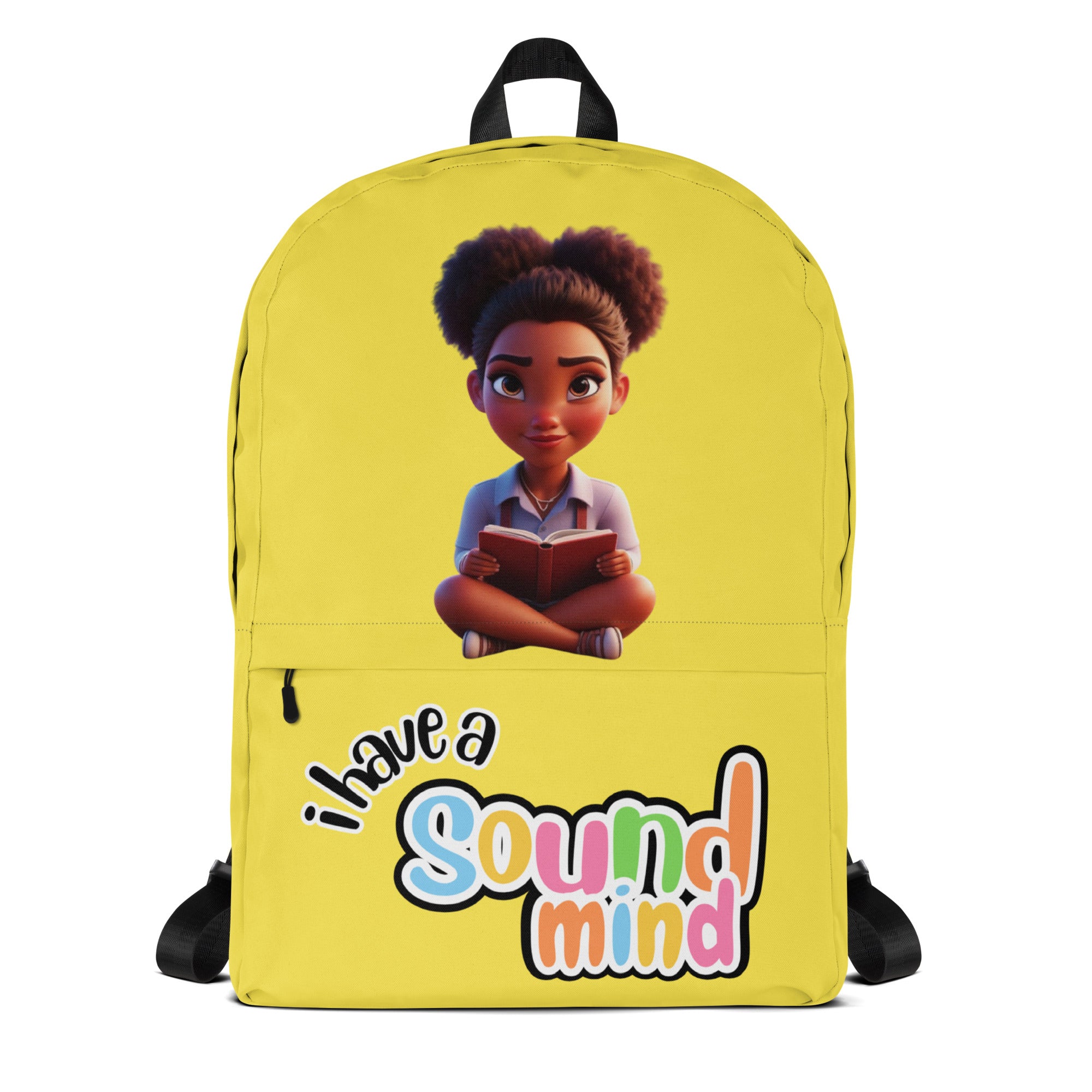 Yellow backpack with all-over print featuring "I Have A Sound Mind" design from Kingdom Kids Club, front view.
