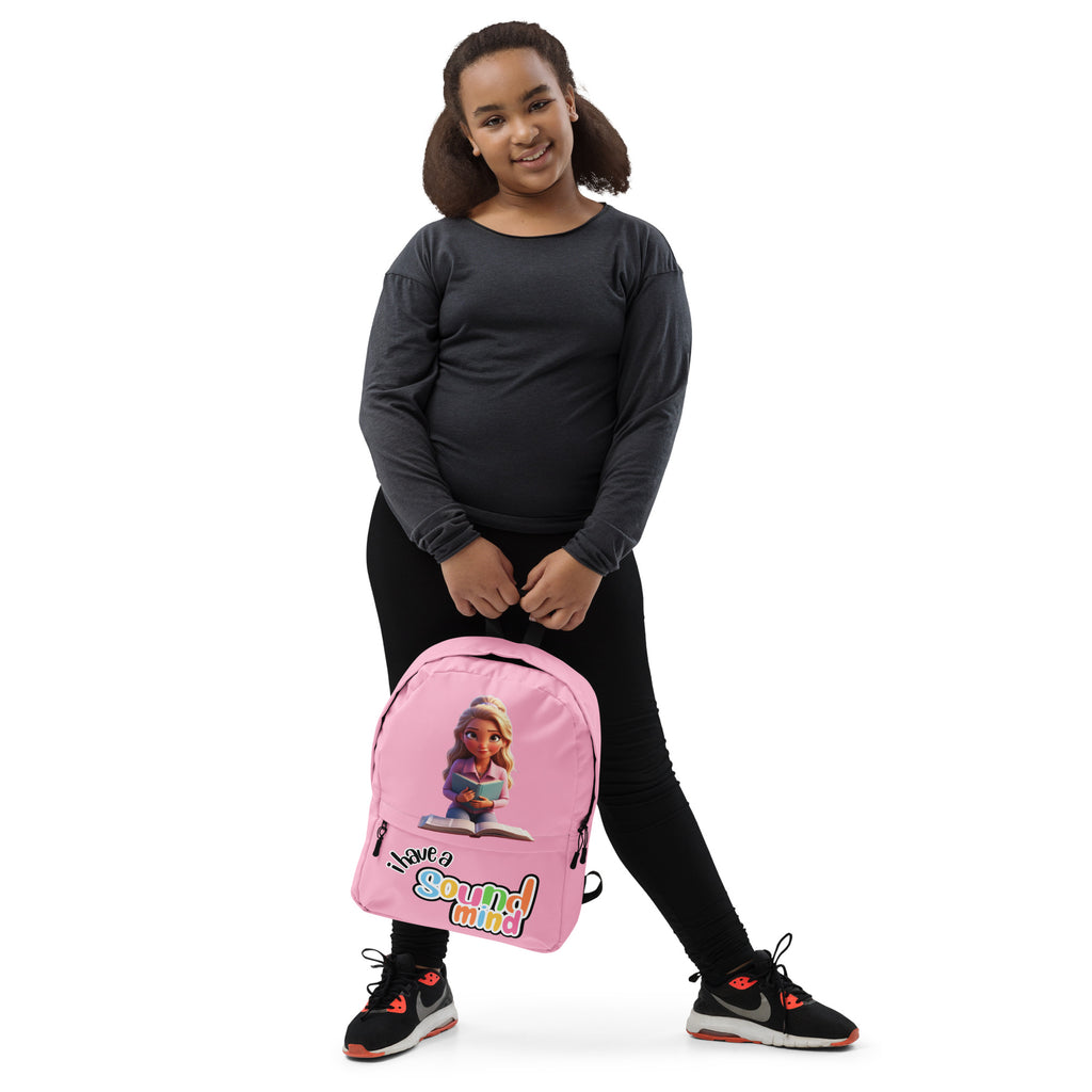 Pink backpack with all-over print featuring a "I Have A Sound Mind" design for kids from Kingdom Kids Club.