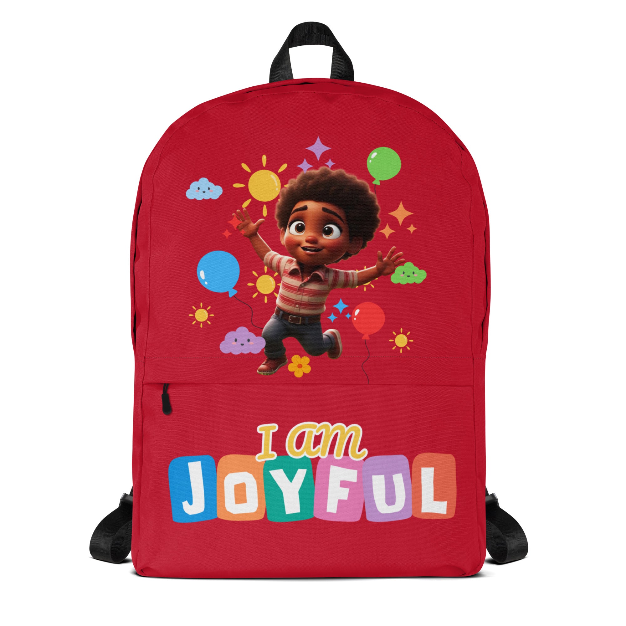 Red backpack for kids with "I Am Joyful" print, featuring all-over colorful design from Kingdom Kids Club.