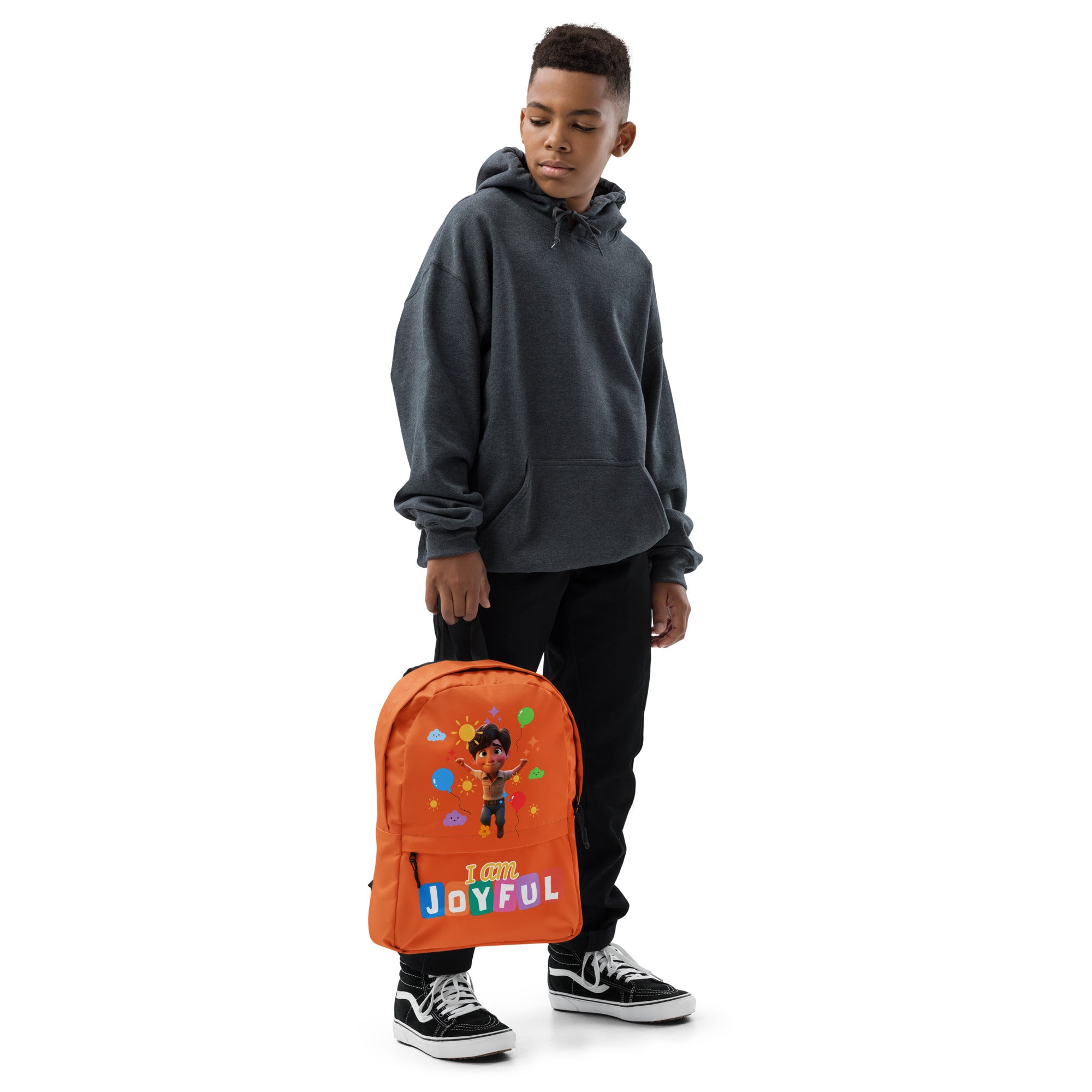 Orange backpack with all-over joyful print from Kingdom Kids Club, featuring a front pocket and adjustable straps for kids.