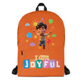 Orange backpack with all-over print featuring joyful designs, perfect for kids, from Kingdom Kids Club.
