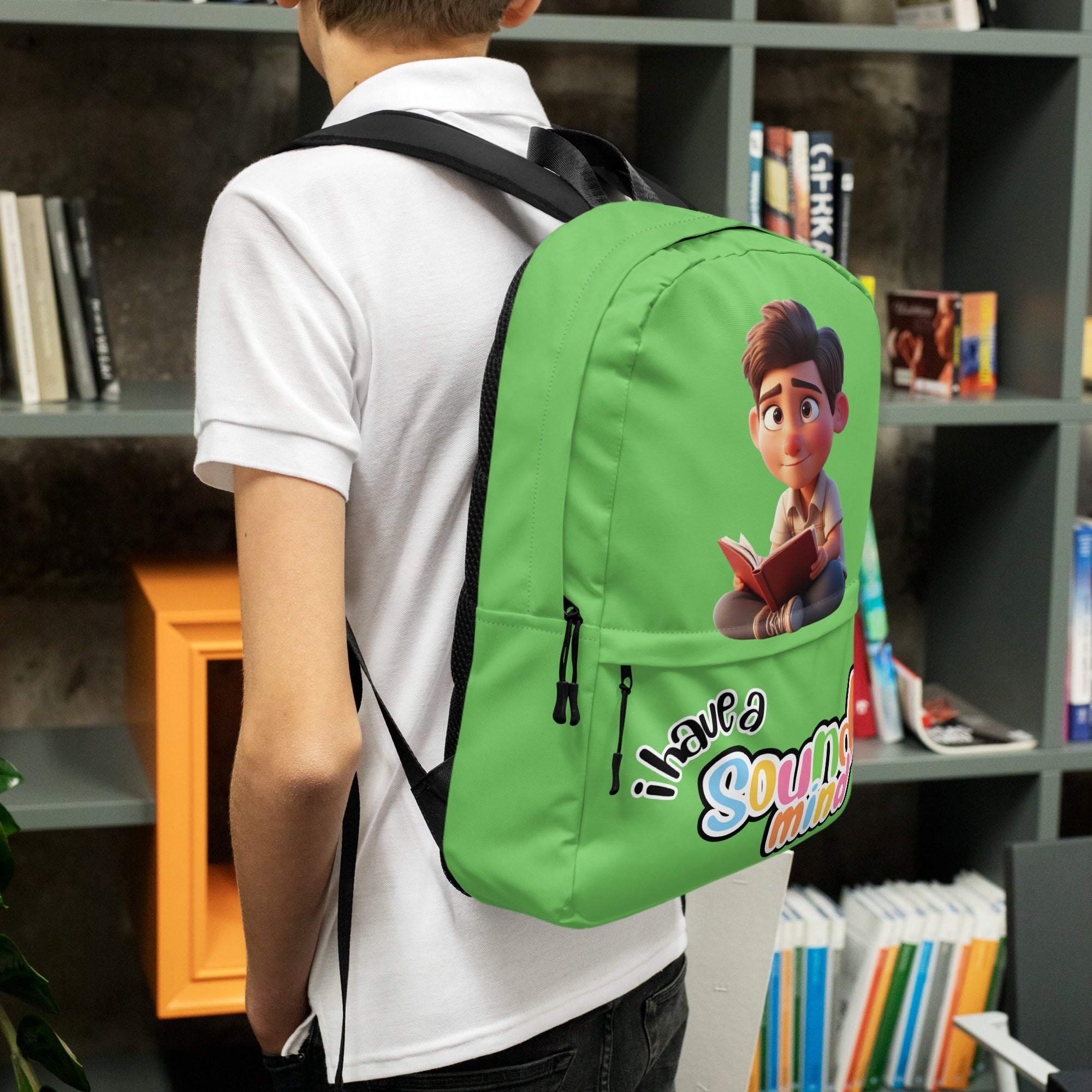 Kingdom Kids Club green backpack with all-over "I Have A Sound Mind" print, featuring adjustable straps and multiple compartments.