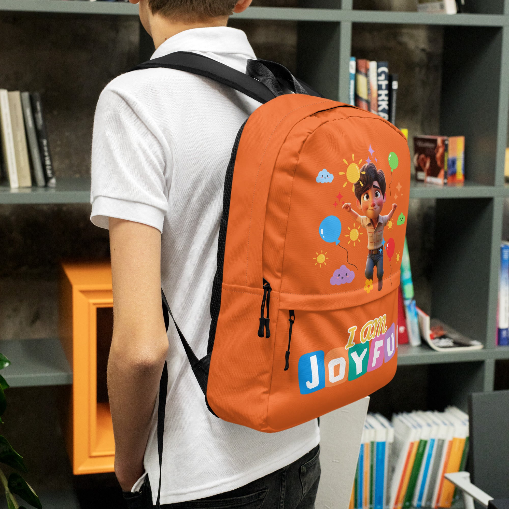 All-over-print orange backpack from Kingdom Kids Club featuring joyful, vibrant design perfect for children.