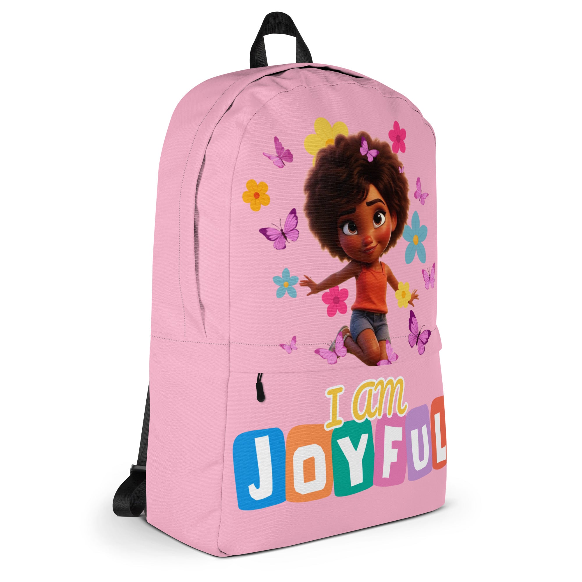 Pink backpack for kids with all-over joyful print, from Kingdom Kids Club, shown from the right side.