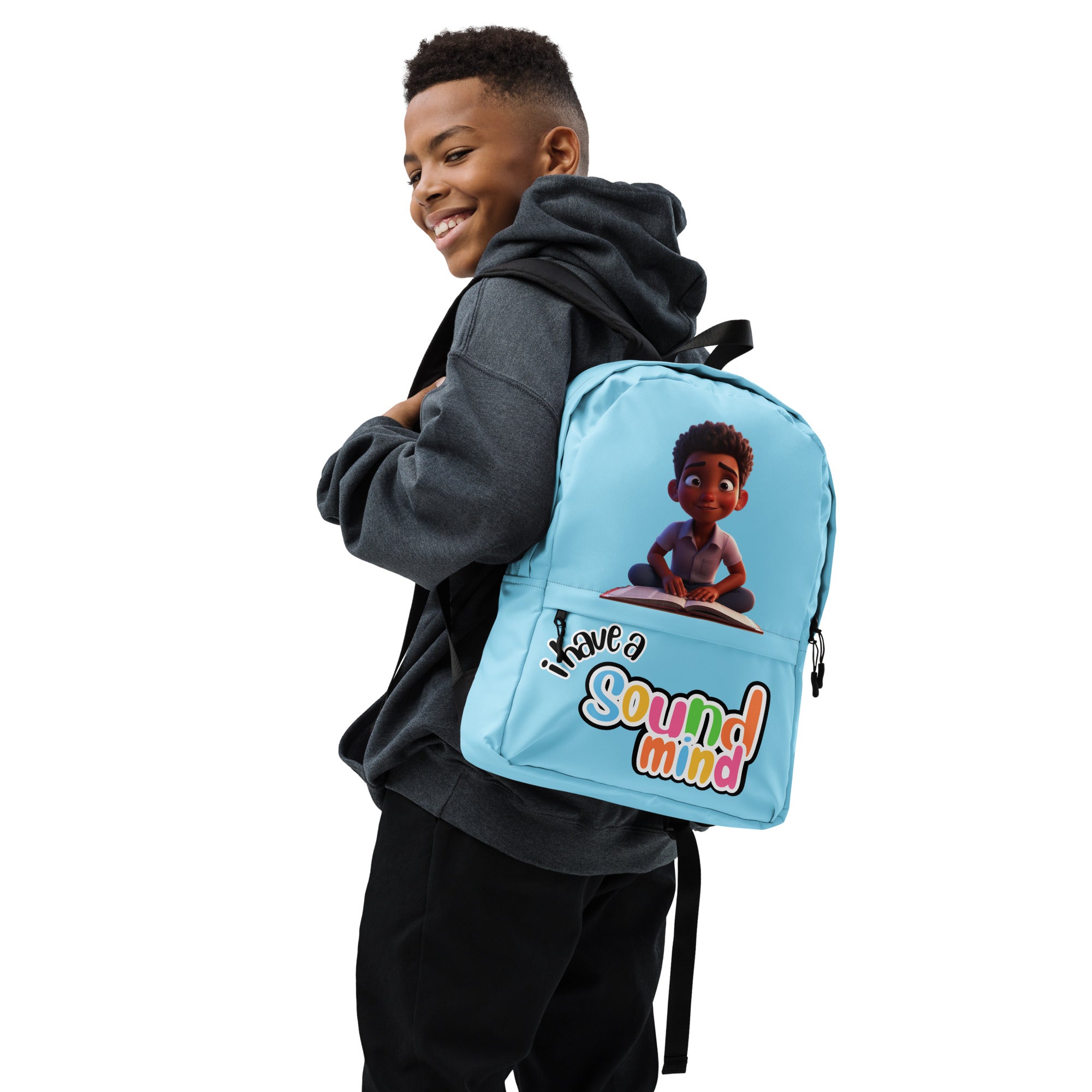 All-over print blue backpack with "I Have A Sound Mind" design by Kingdom Kids Club, shown from the right side.