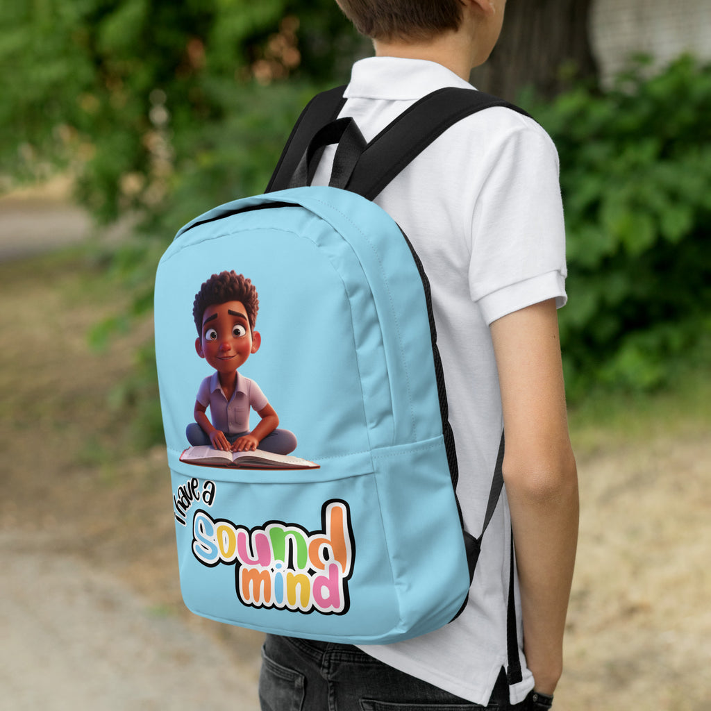 Blue backpack with all-over print featuring the phrase "I Have A Sound Mind" from Kingdom Kids Club, shown from the right side.