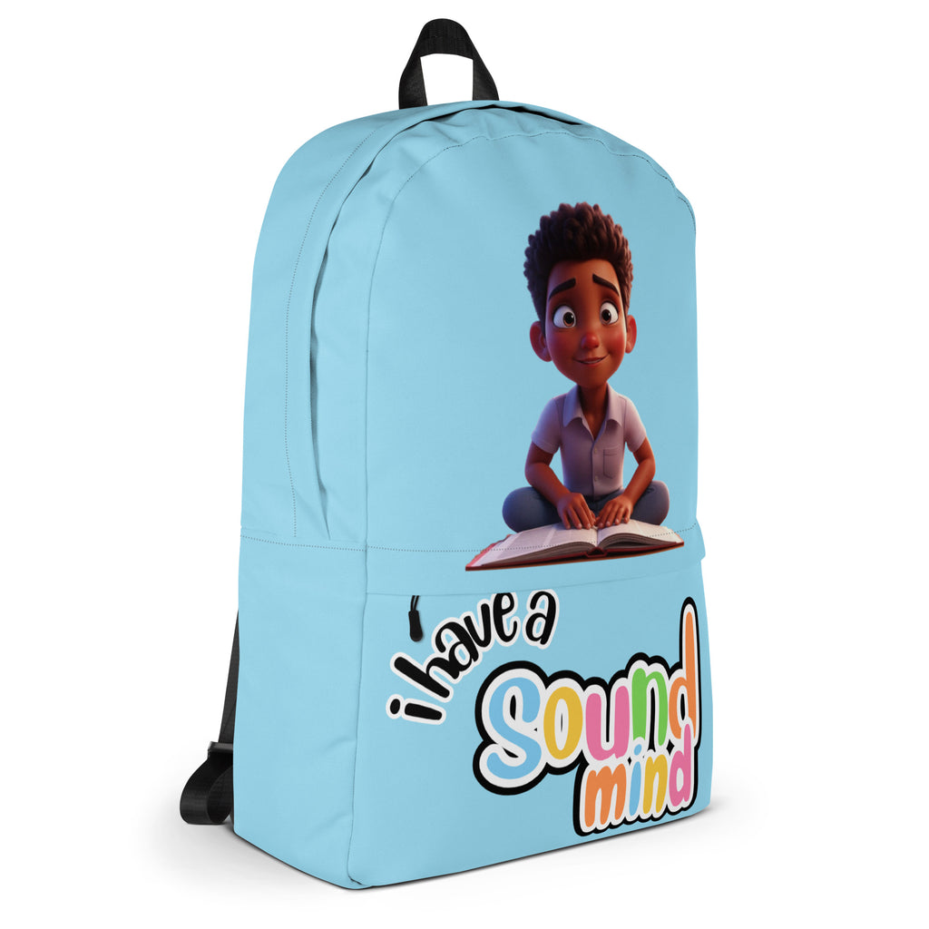 Kingdom Kids Club blue backpack with all-over "I Have A Sound Mind" print, featuring adjustable straps and multiple compartments.