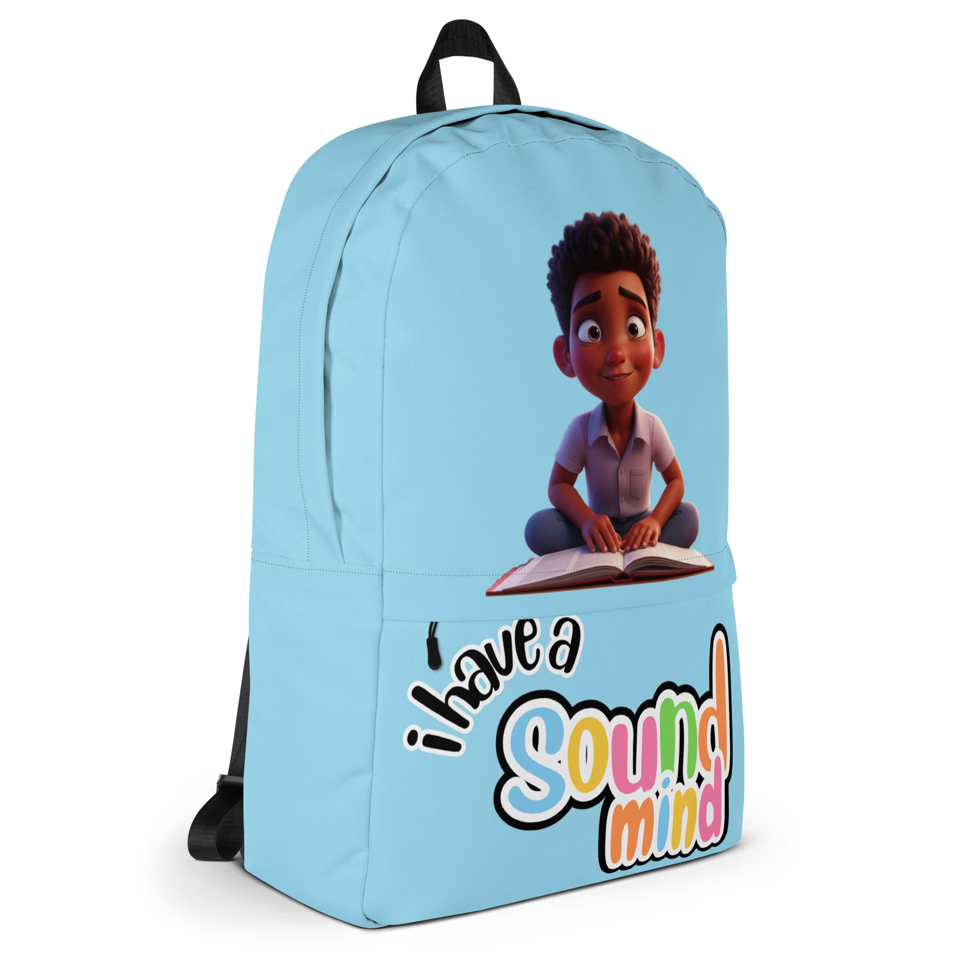 Kingdom Kids Club blue backpack with all-over "I Have A Sound Mind" print, featuring adjustable straps and multiple compartments.