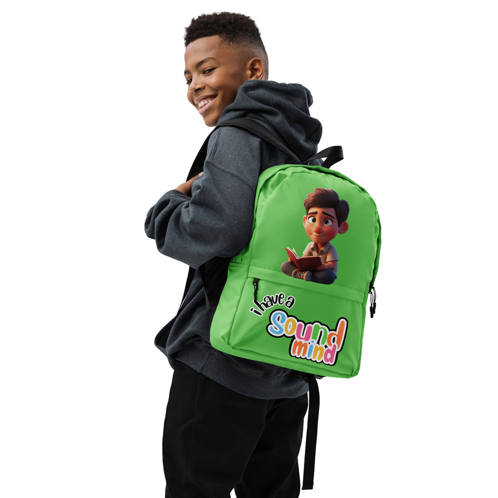Kingdom Kids Club green backpack with all-over "I Have A Sound Mind" print, featuring adjustable straps and durable fabric.