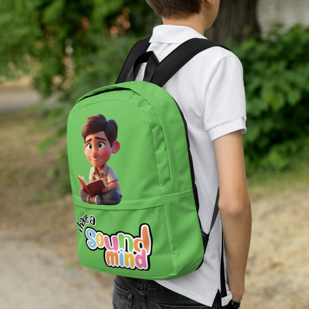 Green backpack with all-over print featuring the "I Have A Sound Mind" design by Kingdom Kids Club, view from the right side.